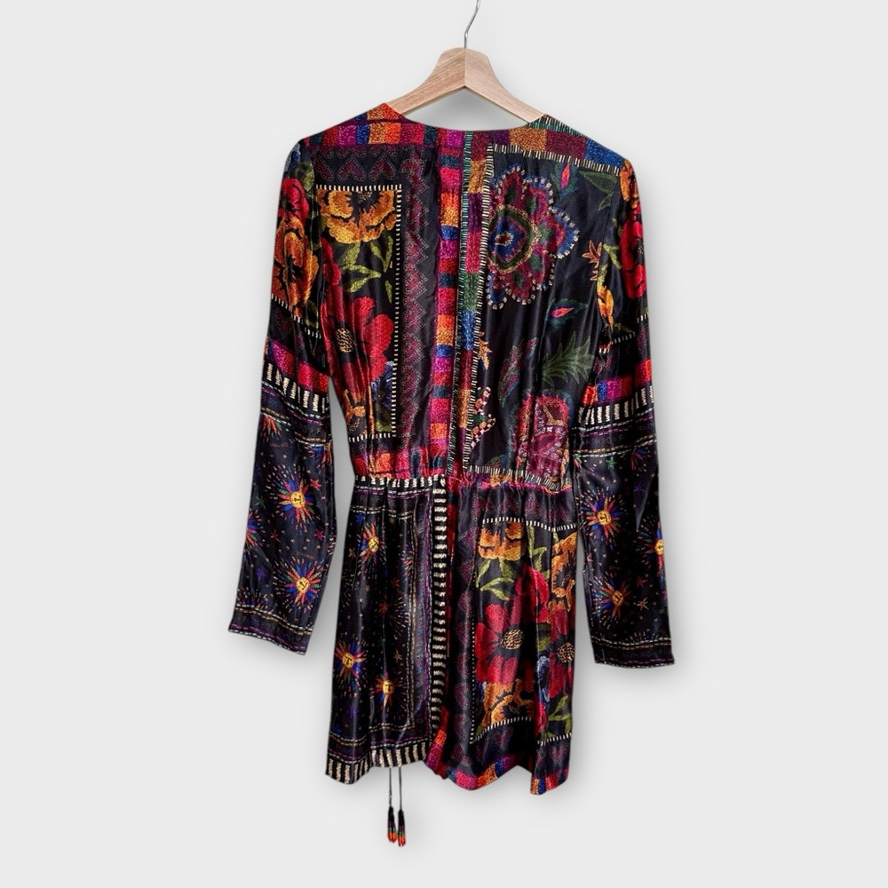 Farm Rio Mixed Scarves Satin Wrap Tassel Tie Dress, size XS - Picture 2 of 7